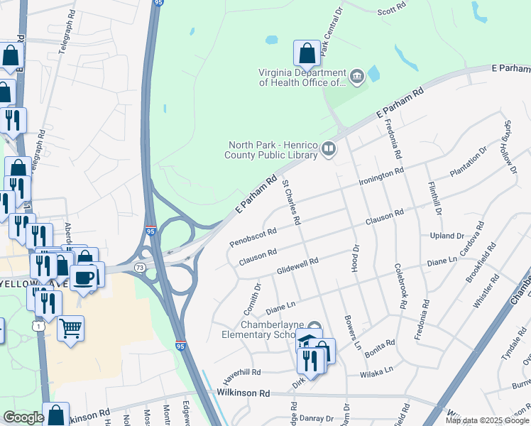 map of restaurants, bars, coffee shops, grocery stores, and more near 1108 Ironington Road in Richmond