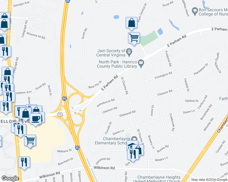 map of restaurants, bars, coffee shops, grocery stores, and more near 1108 Ironington Road in Richmond