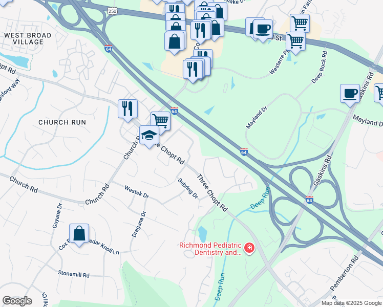 map of restaurants, bars, coffee shops, grocery stores, and more near 10928 Greenaire Place in Richmond