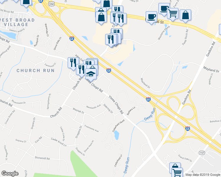 map of restaurants, bars, coffee shops, grocery stores, and more near 10928 Greenaire Place in Richmond