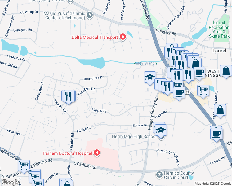 map of restaurants, bars, coffee shops, grocery stores, and more near 5506 Millstream Lane in Richmond