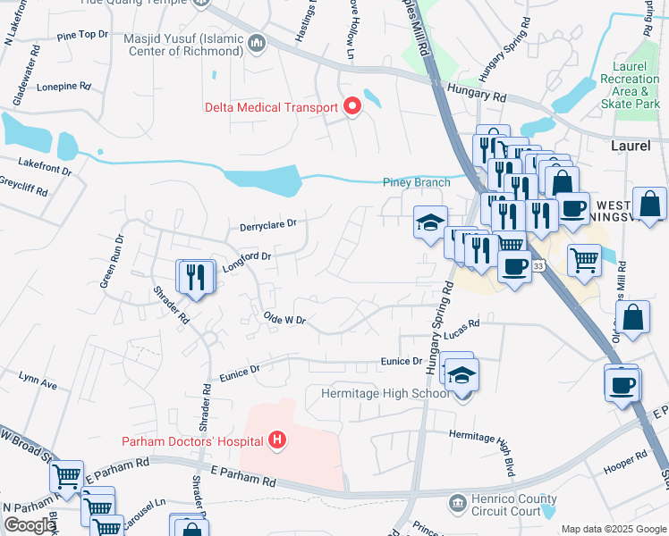map of restaurants, bars, coffee shops, grocery stores, and more near 5504 Millstream Lane in Richmond
