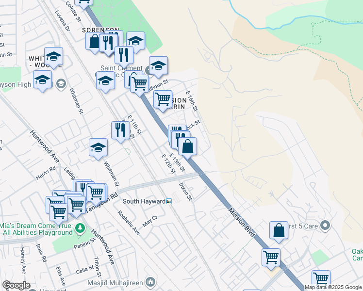 map of restaurants, bars, coffee shops, grocery stores, and more near 28257 Mission Boulevard in Hayward