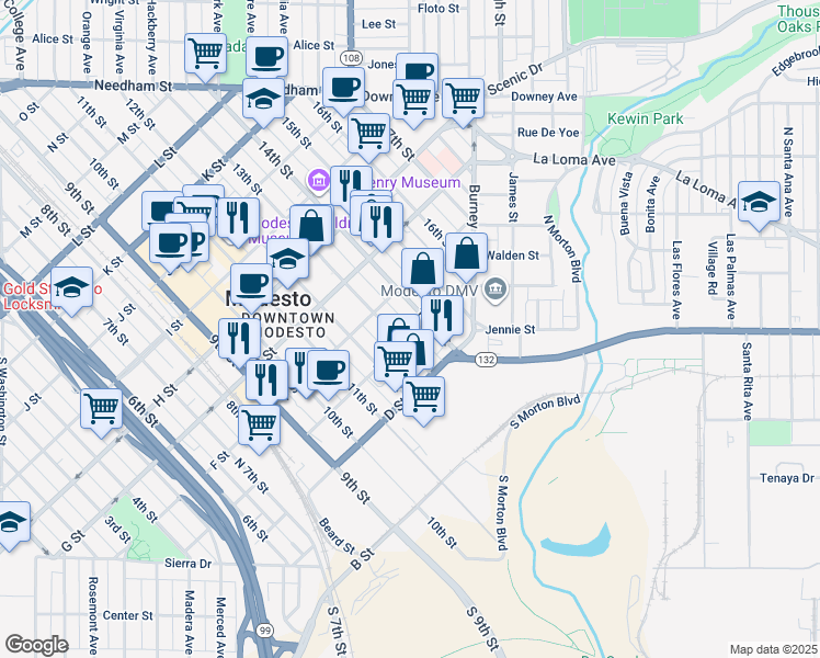 map of restaurants, bars, coffee shops, grocery stores, and more near in Modesto