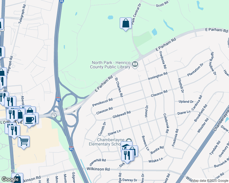 map of restaurants, bars, coffee shops, grocery stores, and more near 1105 Ironington Road in Richmond