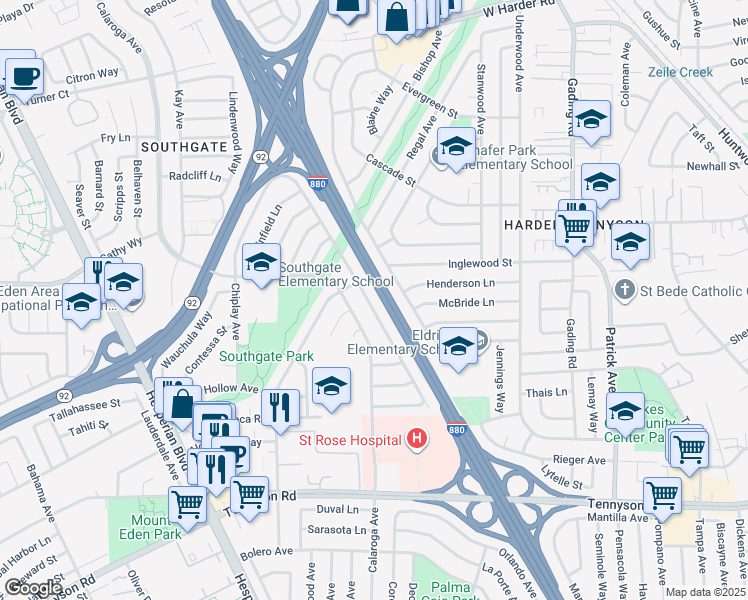 map of restaurants, bars, coffee shops, grocery stores, and more near 26718 Peterman Avenue in Hayward