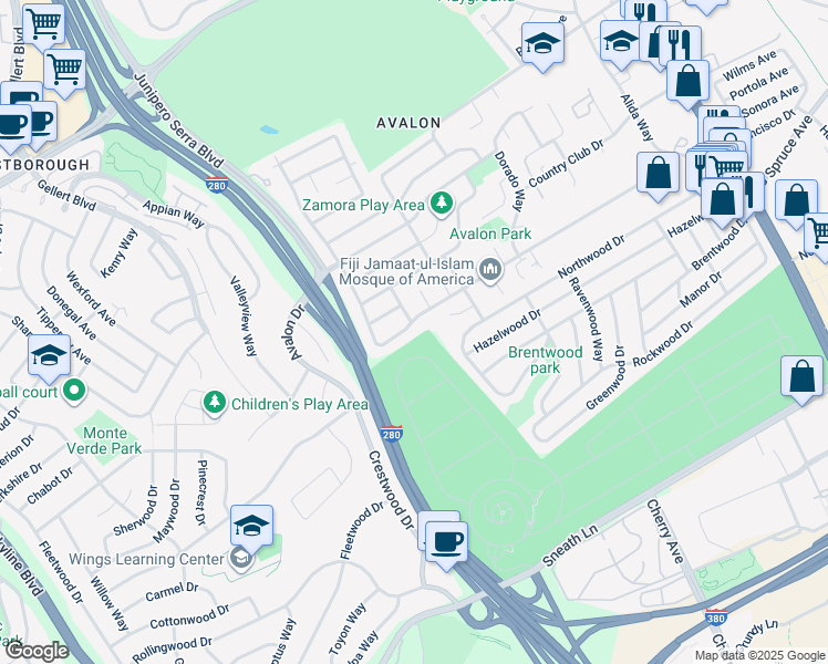 map of restaurants, bars, coffee shops, grocery stores, and more near 461 Alta Vista Drive in South San Francisco