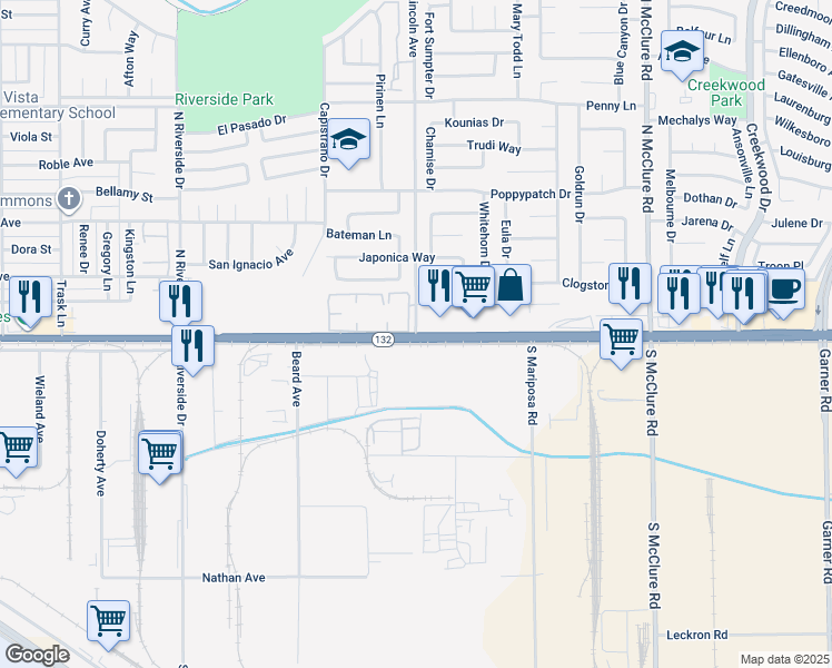 map of restaurants, bars, coffee shops, grocery stores, and more near 2998 Yosemite Boulevard in Modesto