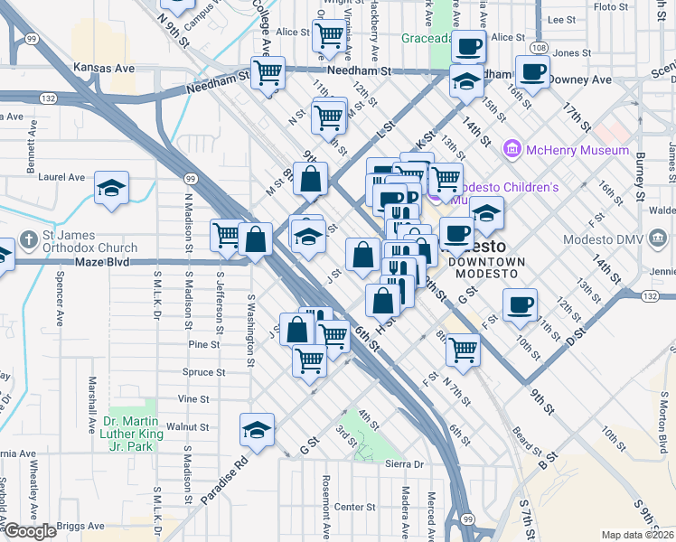 map of restaurants, bars, coffee shops, grocery stores, and more near in Modesto