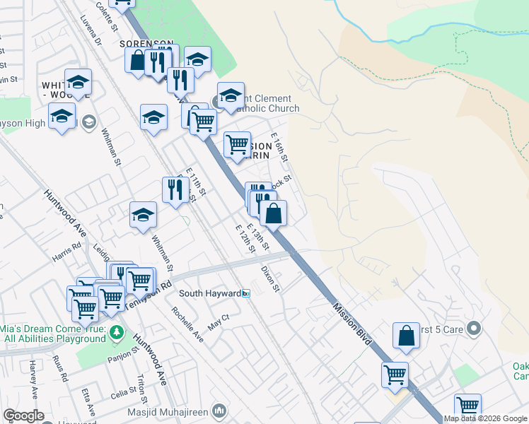 map of restaurants, bars, coffee shops, grocery stores, and more near 28257 Mission Boulevard in Hayward