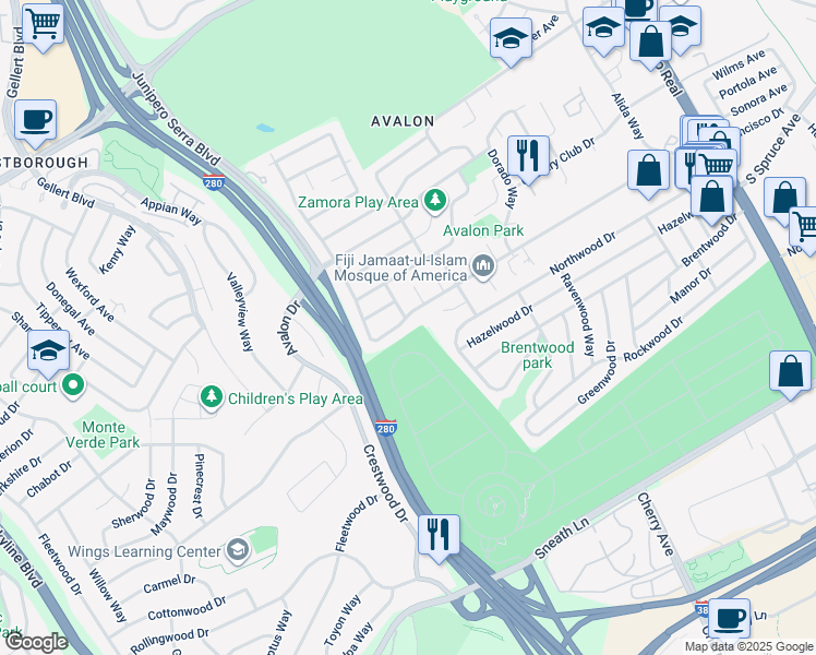 map of restaurants, bars, coffee shops, grocery stores, and more near 461 Alta Vista Drive in South San Francisco
