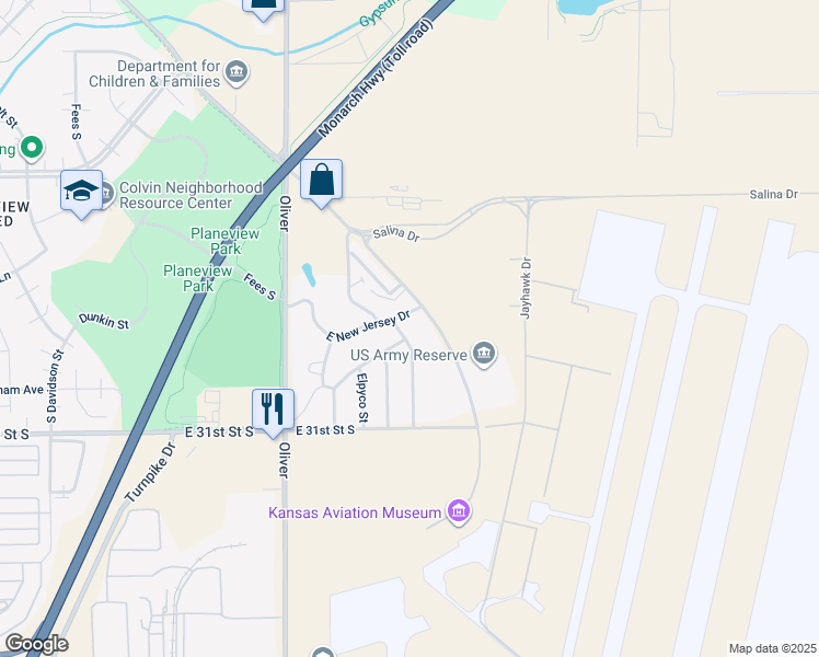 map of restaurants, bars, coffee shops, grocery stores, and more near 3010 South Bunker Hill in Wichita