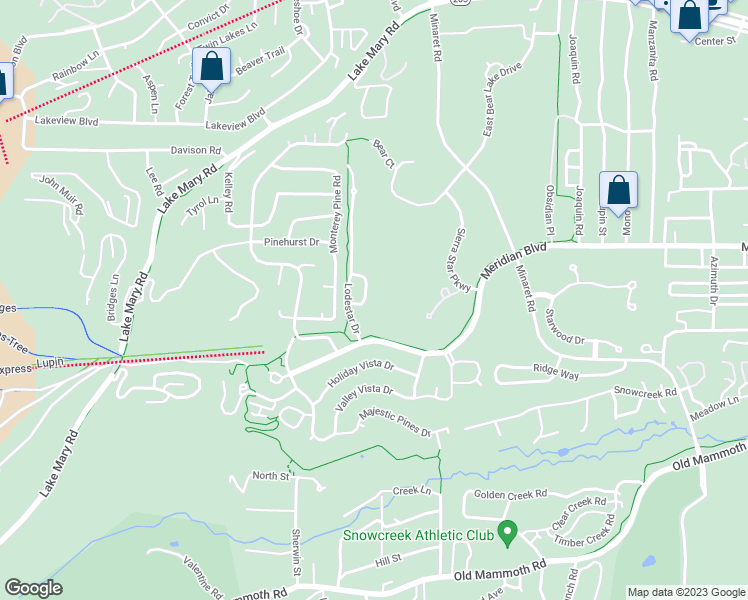 map of restaurants, bars, coffee shops, grocery stores, and more near 1100 Lodestar Drive in Mammoth Lakes
