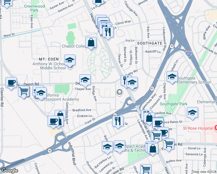 map of restaurants, bars, coffee shops, grocery stores, and more near 26164 Danforth Lane in Hayward