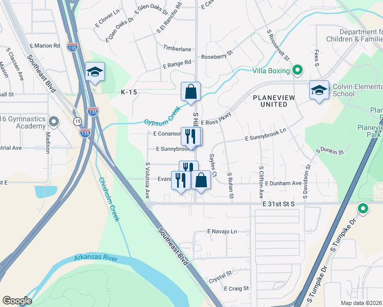 map of restaurants, bars, coffee shops, grocery stores, and more near 3009 South Hillside Street in Wichita