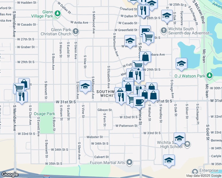 map of restaurants, bars, coffee shops, grocery stores, and more near 3133 South Elizabeth Avenue in Wichita