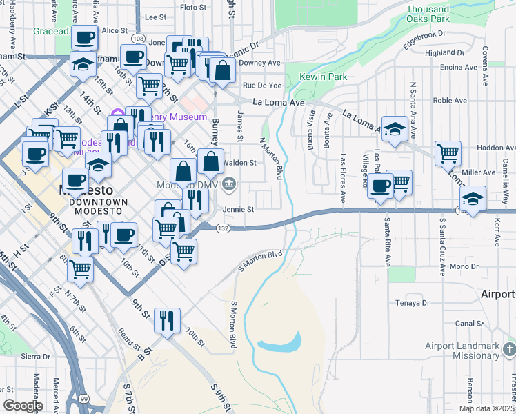map of restaurants, bars, coffee shops, grocery stores, and more near 111 Groveland Street in Modesto