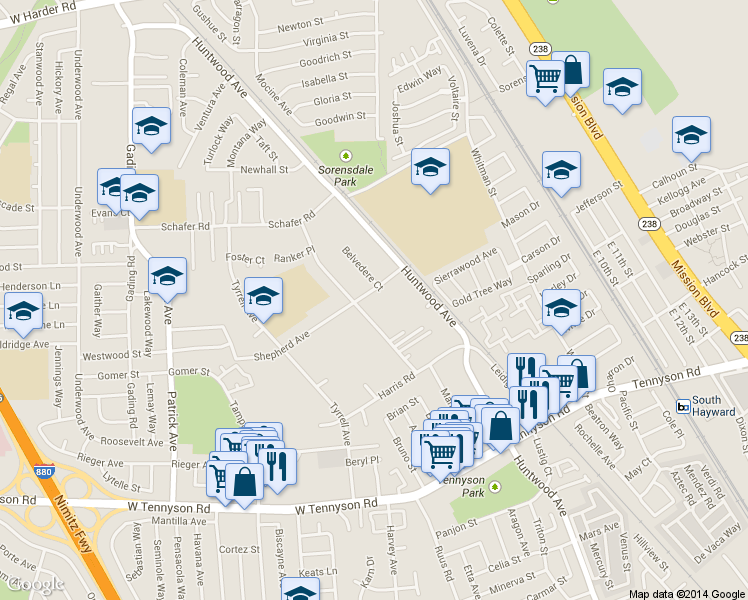 map of restaurants, bars, coffee shops, grocery stores, and more near 27209 Manon Avenue in Hayward