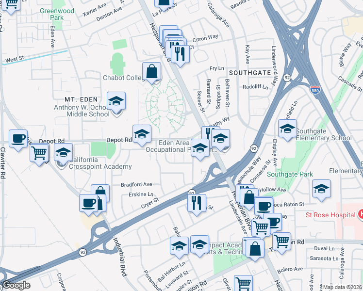 map of restaurants, bars, coffee shops, grocery stores, and more near 26164 Danforth Lane in Hayward