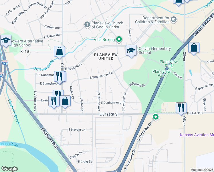 map of restaurants, bars, coffee shops, grocery stores, and more near 3041-3059 South Yale Street in Wichita