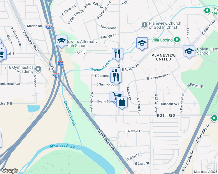 map of restaurants, bars, coffee shops, grocery stores, and more near 3024 E Evans St in Wichita