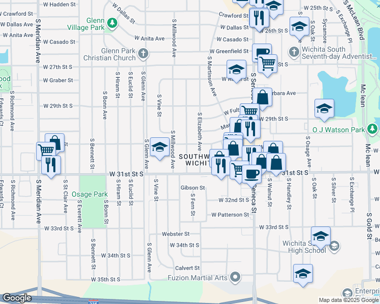 map of restaurants, bars, coffee shops, grocery stores, and more near 3133 South Elizabeth Avenue in Wichita