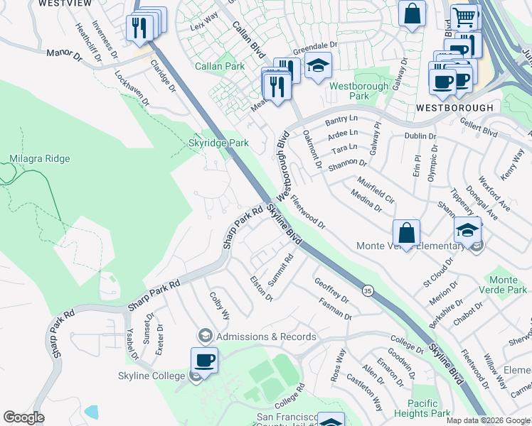 map of restaurants, bars, coffee shops, grocery stores, and more near 2 Pacific Bay Circle in San Bruno