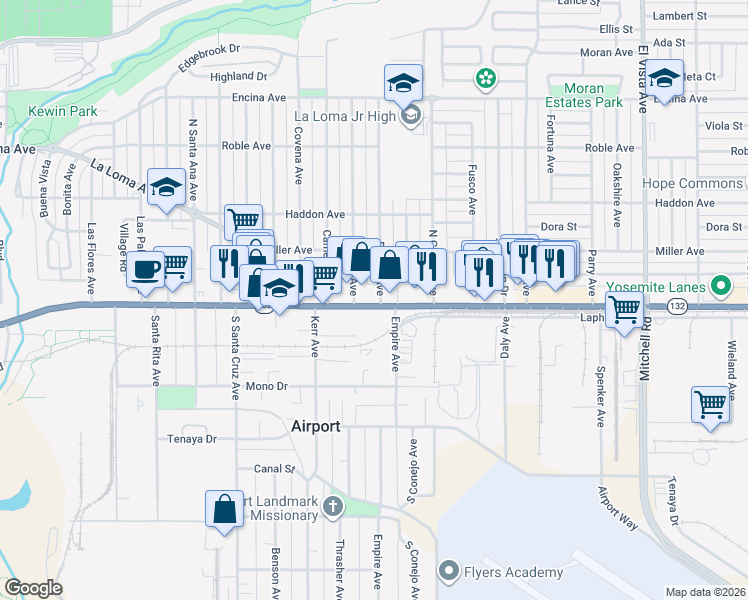 map of restaurants, bars, coffee shops, grocery stores, and more near 1600 Yosemite Boulevard in Modesto