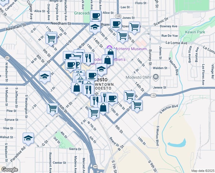 map of restaurants, bars, coffee shops, grocery stores, and more near 1106 G Street in Modesto
