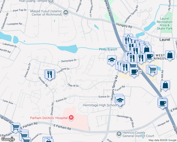 map of restaurants, bars, coffee shops, grocery stores, and more near 5500 Millstream Lane in Richmond