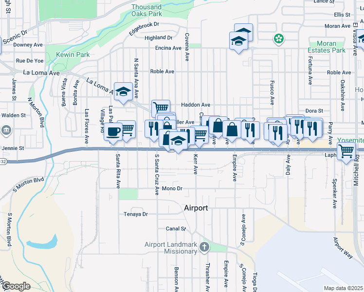 map of restaurants, bars, coffee shops, grocery stores, and more near 1420 Yosemite Boulevard in Modesto