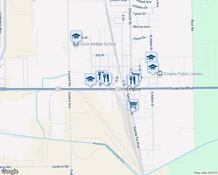 map of restaurants, bars, coffee shops, grocery stores, and more near 9 C Street in Empire