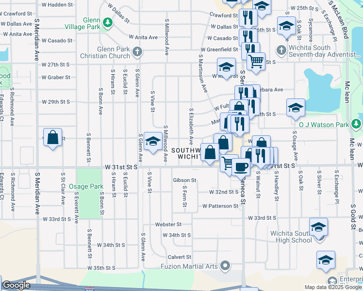 map of restaurants, bars, coffee shops, grocery stores, and more near 3133 South Elizabeth Avenue in Wichita