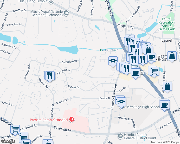 map of restaurants, bars, coffee shops, grocery stores, and more near 8615 Millstream Drive in Henrico