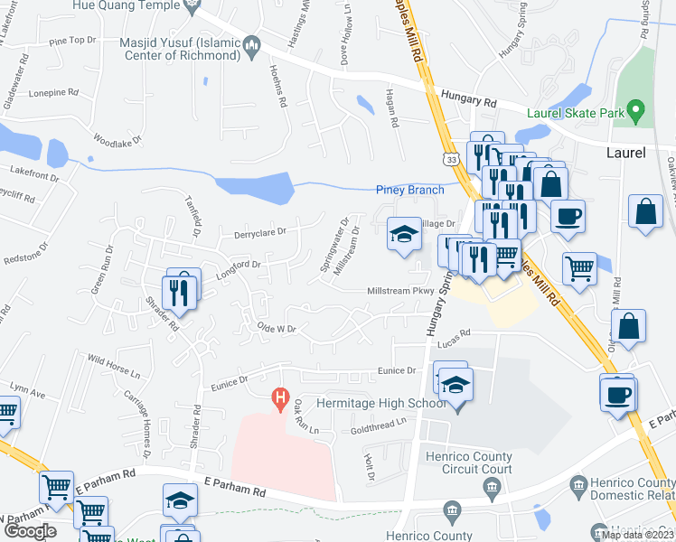 map of restaurants, bars, coffee shops, grocery stores, and more near 8615 Millstream Drive in Henrico