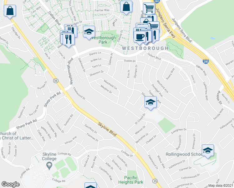 map of restaurants, bars, coffee shops, grocery stores, and more near 2600 Medina Drive in San Bruno