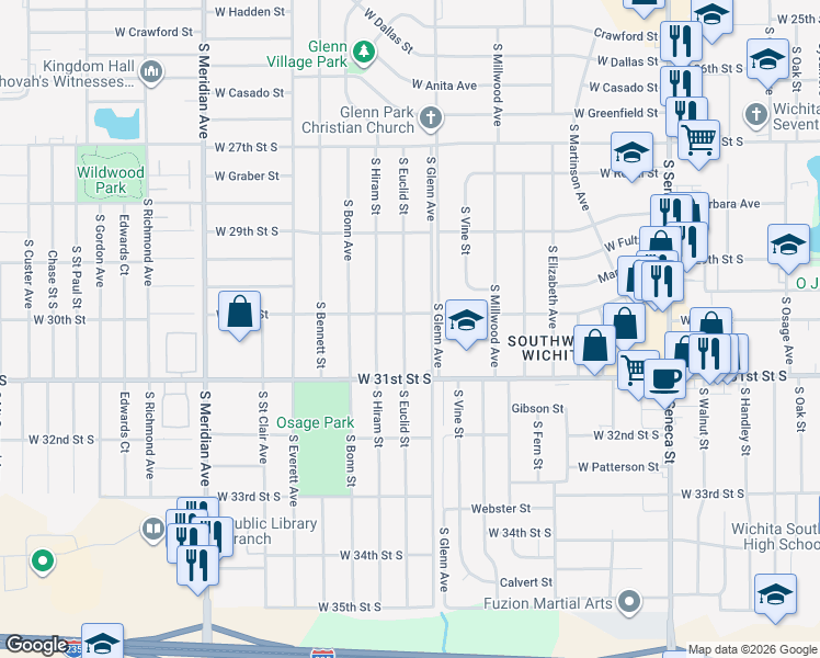 map of restaurants, bars, coffee shops, grocery stores, and more near 3133 South Euclid Street in Wichita