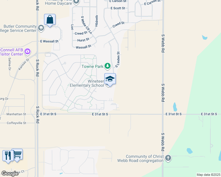 map of restaurants, bars, coffee shops, grocery stores, and more near 8801 East Ent Drive in Wichita