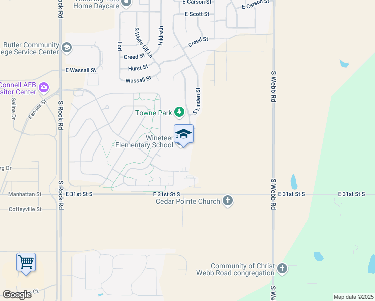 map of restaurants, bars, coffee shops, grocery stores, and more near 8801 East Ent Drive in Wichita