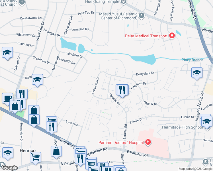 map of restaurants, bars, coffee shops, grocery stores, and more near 7800 Fitzgerald Court in Richmond