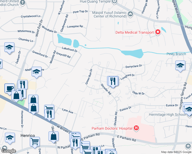 map of restaurants, bars, coffee shops, grocery stores, and more near 8900 Shrader Road in Richmond