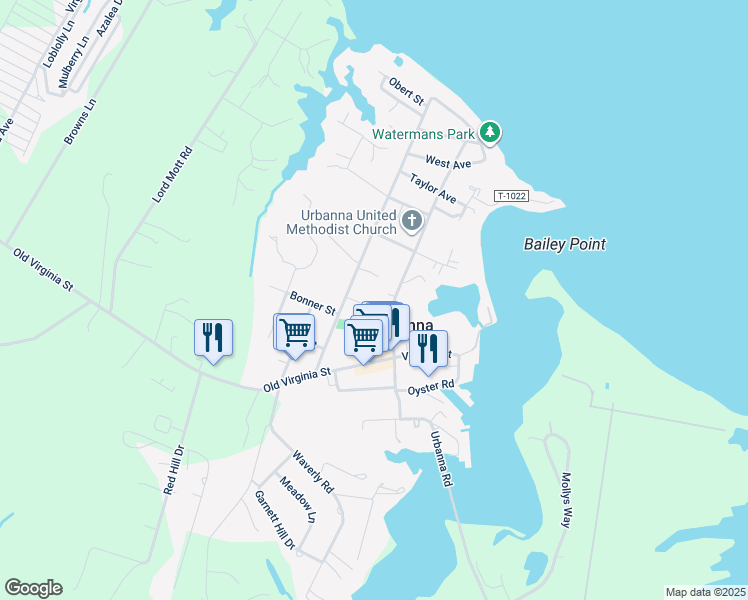 map of restaurants, bars, coffee shops, grocery stores, and more near 251 Parkview Avenue in Urbanna