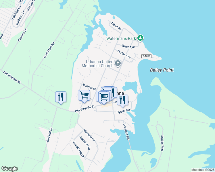 map of restaurants, bars, coffee shops, grocery stores, and more near 251 Parkview Avenue in Urbanna