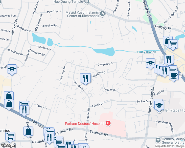 map of restaurants, bars, coffee shops, grocery stores, and more near 7701 Flannagan Court in Richmond