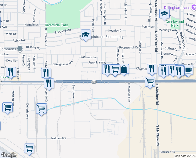 map of restaurants, bars, coffee shops, grocery stores, and more near 2998 Yosemite Boulevard in Modesto