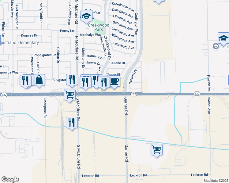 map of restaurants, bars, coffee shops, grocery stores, and more near 3801 Yosemite Boulevard in Modesto