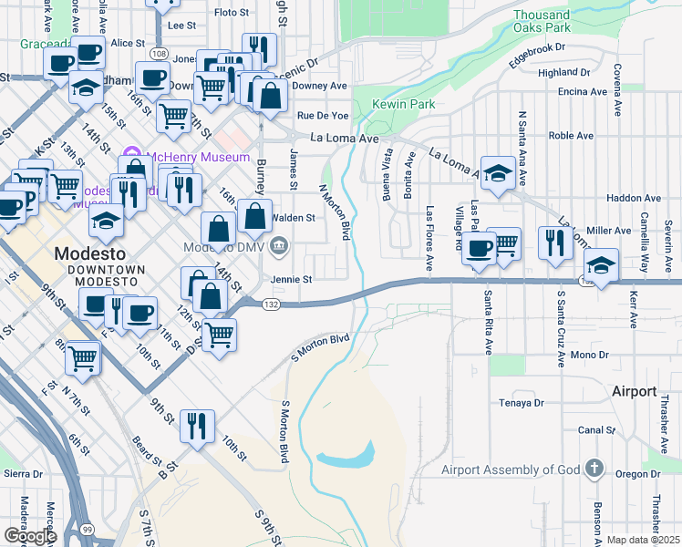 map of restaurants, bars, coffee shops, grocery stores, and more near 101 Fairview Street in Modesto