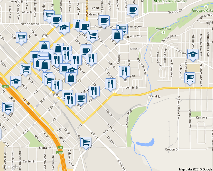 map of restaurants, bars, coffee shops, grocery stores, and more near 502 13th Street in Modesto