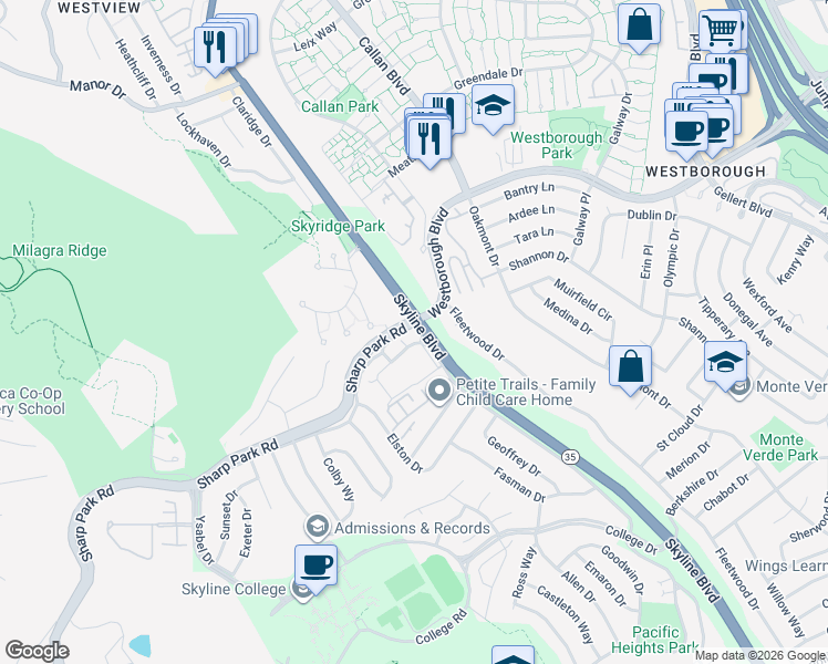 map of restaurants, bars, coffee shops, grocery stores, and more near 923 Pacific Bay Circle in San Bruno