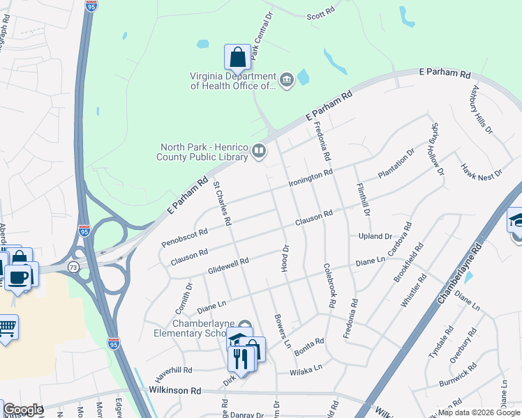 map of restaurants, bars, coffee shops, grocery stores, and more near 911 Penobscot Road in Richmond
